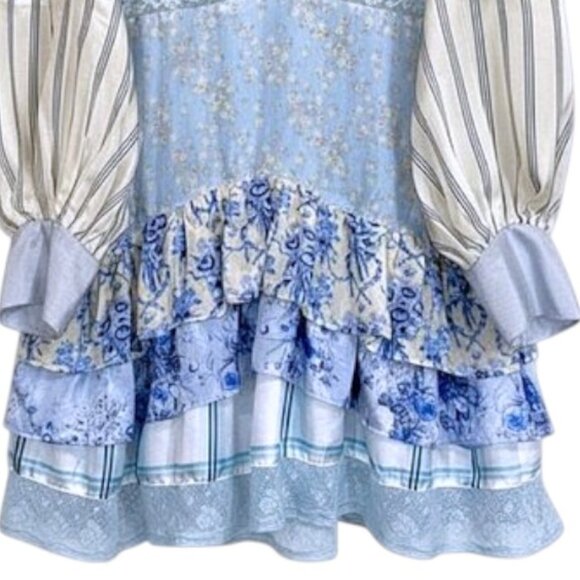 NWT LoveShackFancy Silk Blue Mixed Print Patchwork Lace Tiered Mini Dress 10 - Picture 3 of 10